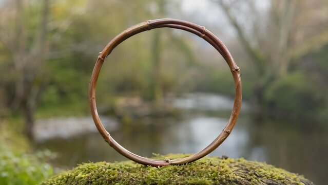 A single osier branch bent into a perfect circle against a blurred natural background.