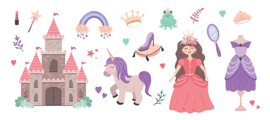 Fototapeta premium Princess Fantasy Collection Featuring Castle Rainbow Unicorn and Royal Accessories