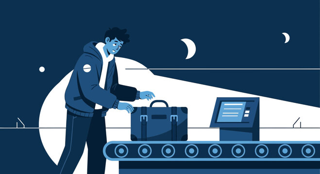 Man with Suitcase at Airport Baggage Check