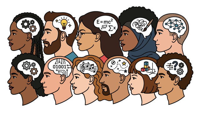 Collective intelligence crowd. Diverse knowledge. Teamwork mental concept. Vector illustration