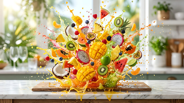 Vibrant mix of fresh fruits exploding off a kitchen countertop