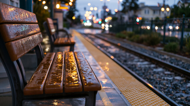 Rain soaked commuter train platform at dawn with empty benches and moisture on the concrete surface, public transportation, urban infrastructure, commuter lifestyle, city planning, daily routine edi