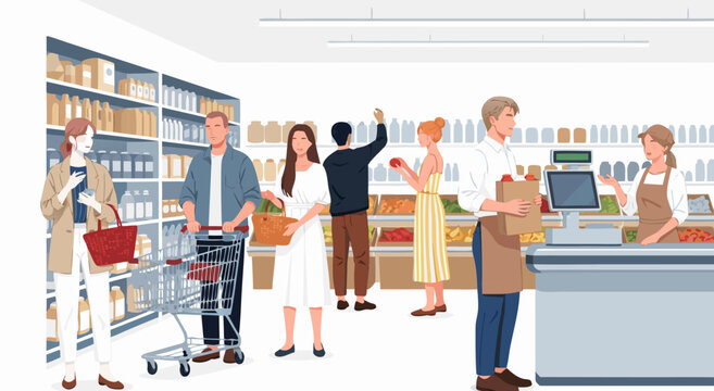 People Shopping in a Grocery Supermarket Vector Illustration Featuring Customers and Cashier at Checkout Counter 24