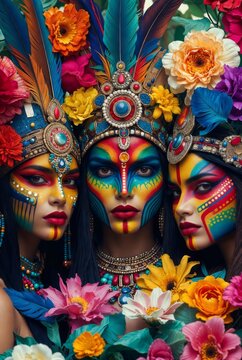 Ritratto fantasy di donne con trucco tribale variopinto, copricapi di piume e fiori lussureggianti (Generato dall'IA)