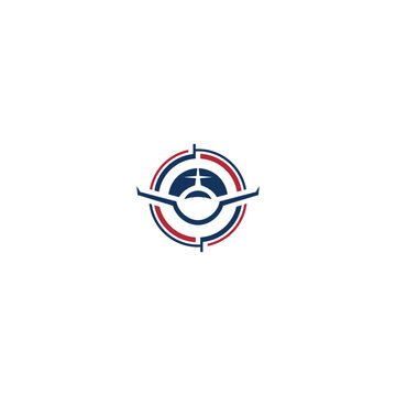 Airplane in crosshairs logo aviation target flight focus blue and red design.