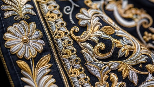 Intricate floral and geometric embroidery on charro jacket, gold and silver thread detail.