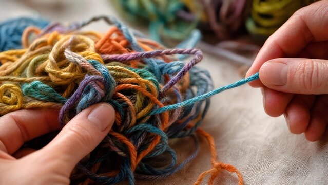 Close-up of colorful yarn being untangled from a complex knot.