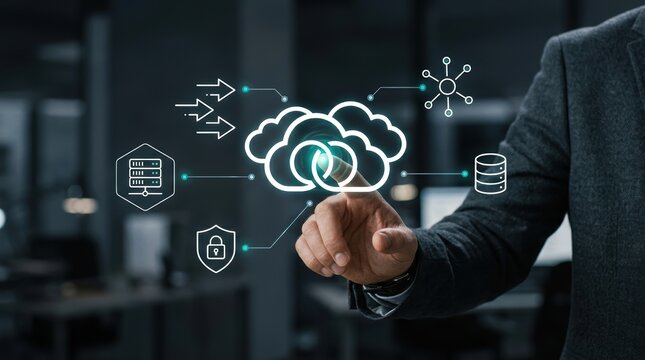 Businessman touching glowing cloud icons to manage secure enterprise network infrastructure, cloud computing platform, cybersecurity solution, data storage modern technology business concept