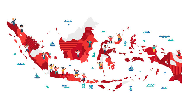 Indonesia map with various colorful symbols and icons