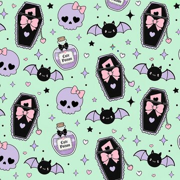 Cute pastel goth Halloween seamless pattern background with kawaii skulls, coffins, bats and poison bottles vector illustration