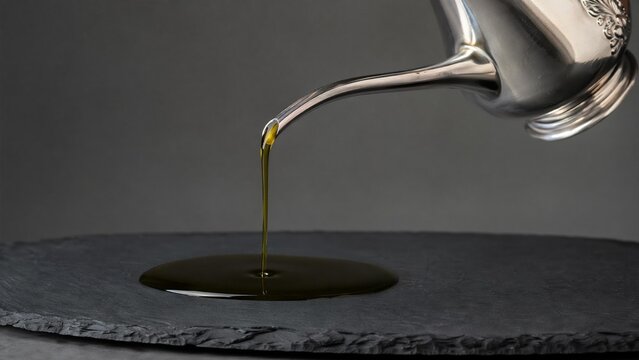 A thin stream of golden olive oil pouring from a silver cruet onto a dark slate.