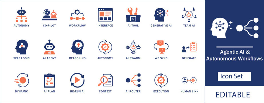 Advanced Agentic AI and Autonomous Workflows Dual-Tone Vector Icon Set. Two-Color Icons for AI Agent Reasoning, Workflow Sync, Tech Co-Pilot, and Smart AI Swarms.