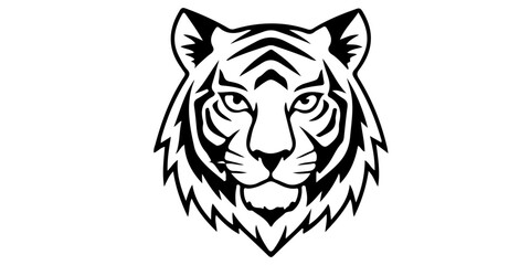 Fototapeta premium Stylized tiger face, black and white illustration, geometric patterns, tribal art style, symmetrical design, fierce feline portrait, bold lines, angular shapes, minimalist animal logo, striking contra