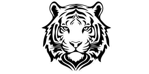 Stylized tiger face, black and white illustration, geometric patterns, tribal art style, symmetrical design, fierce feline portrait, bold lines, angular shapes, minimalist animal logo, striking contra © Uddin