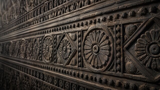 Assyrian bas-relief with symmetrical rosettes and geometric patterns on dark plaster.