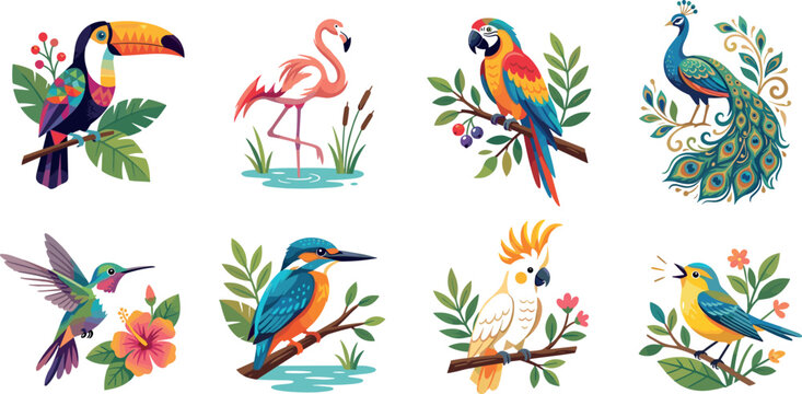 Exotic Tropical Birds Icon Set Featuring Colorful Toucan Flamingo Parrot Peacock Hummingbird Kingfisher Cockatoo and SongbirdExotic Tropical Birds Icon Set Featuring Colorful Toucan Flamingo Parrot Pe