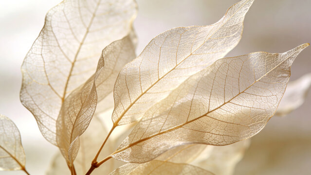 Collection of translucent skeleton leaves in warm ivory and champagne tones
