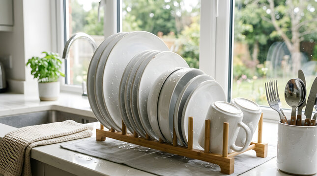 Stack of white ceramic plates on wooden dish rack.