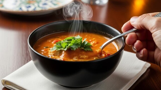 Steaming hot bowl of tomato soup garnished with fresh herbs and cream served on a wooden table