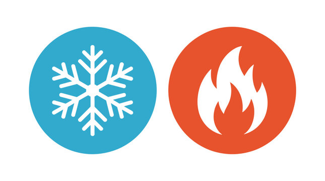 Contrast of Cold and Heat. Two circular icons, one depicting a snowflake and the other a flame, symbolize opposing elements. opposite, duality, comparison, dichotomy, contrast, balance, temperature.