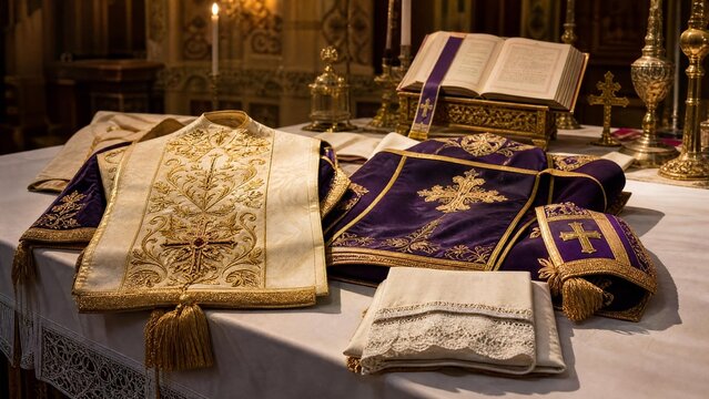 Carefully folded embroidered liturgical vestments on a church altar with intricate gold thread details.