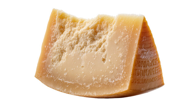 Wedge of aged Parmesan cheese with textured rind