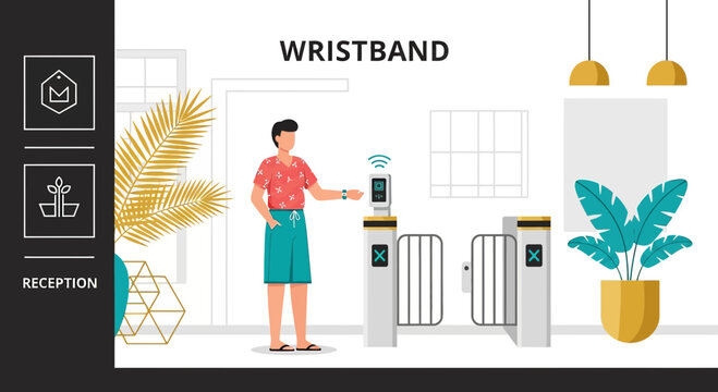 Man using wristband access at reception with security gate and plants
