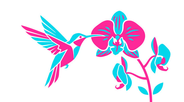 Vibrant pop art hummingbird hovering near exotic orchid flowers.