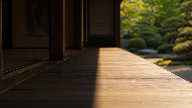 Wooden floorboards dividing shadowy interior and sunlit garden.