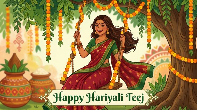 Woman celebrating Hariyali Teej festival, sitting on swing under tree with flowers
