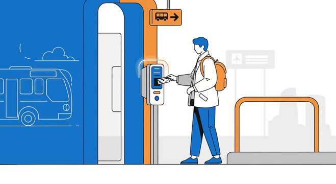 Man with backpack paying bus fare at ticket machine, public transport concept