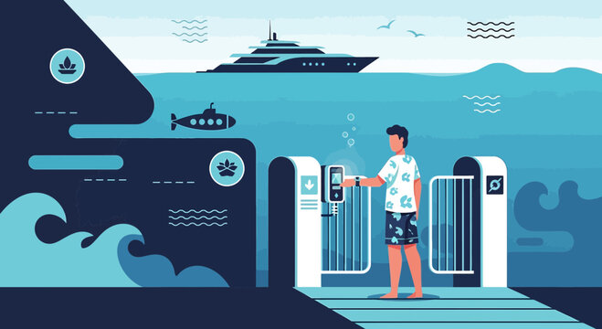 Man using smart gate for ocean yacht & submarine access - luxury travel concept