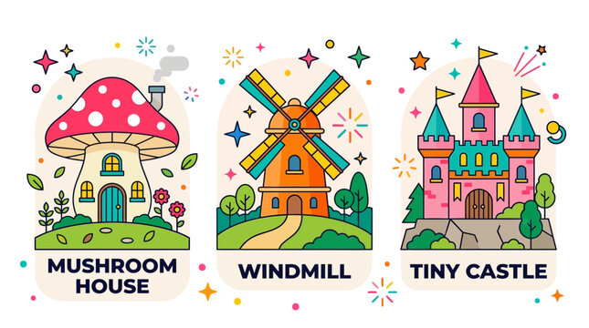 Set of cute fairy tale buildings including a mushroom house a windmill and a tiny castle.