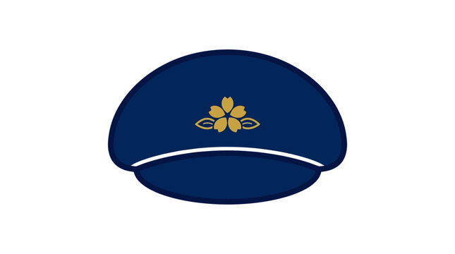 Icon of a blue Japanese police officer cap with cherry blossom emblem.
