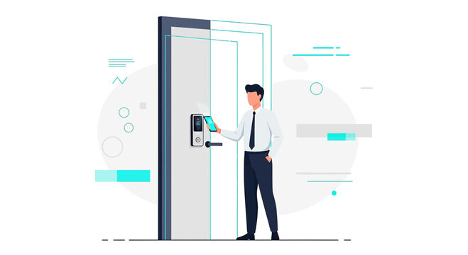 Man using smartphone to unlock modern door with digital keypad for access control