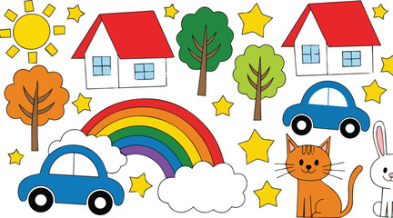 Naklejka premium Colorful cartoon illustration of houses trees cars rainbow and animals