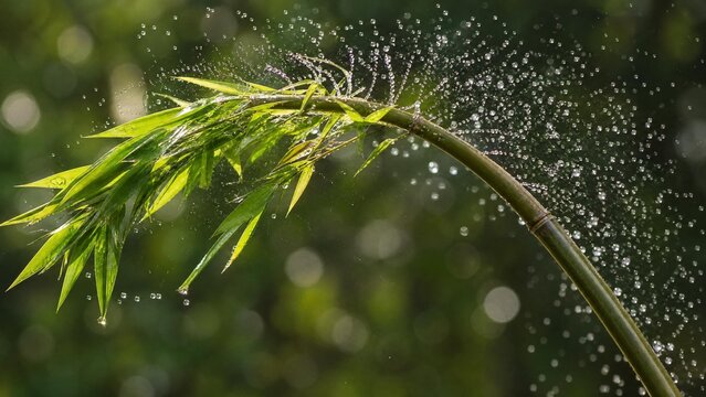 A flexible bamboo branch recoiling, flinging water droplets into the air.