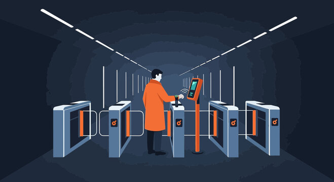 Man using ticket gate in futuristic subway station with digital screen
