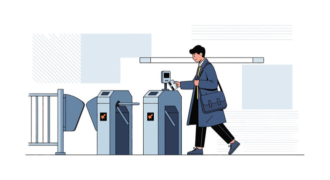 Man using card reader at turnstile gate, public transport access, city commute concept