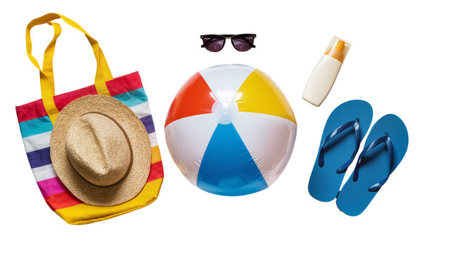 Beach bag with straw hat beach ball sunglasses sunscreen, and flip-flops