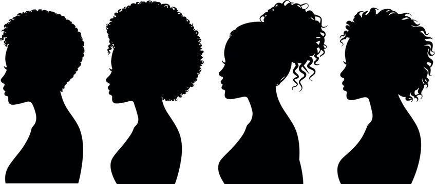 Black woman profile silhouette set with diverse curly afro hairstyles, African American female side view avatars isolated on white background.