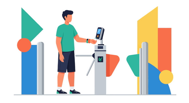 Man using facial recognition scanner at modern security gate turnstile for access