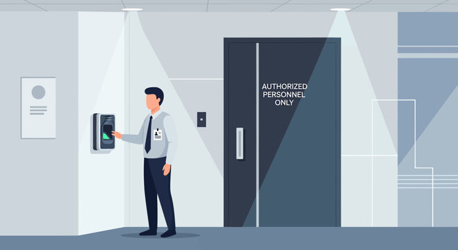 Man using fingerprint scanner for access to authorized personnel only door