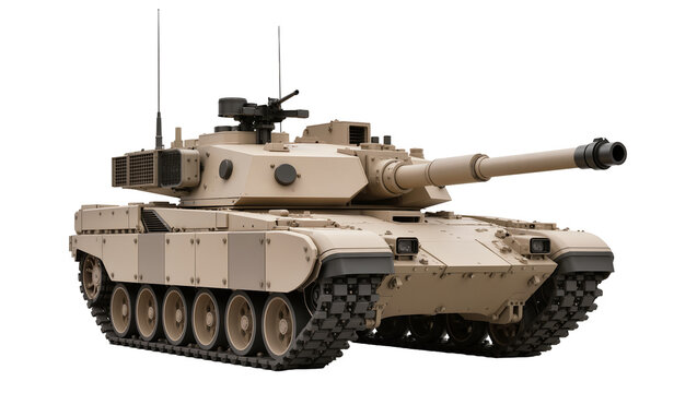 Modern tan main battle tank with large cannon and machine gun