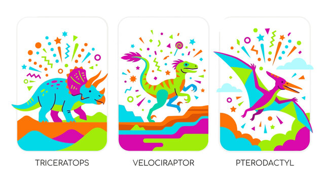 Colorful cartoon dinosaurs set including triceratops velociraptor and pterodactyl illustrations.