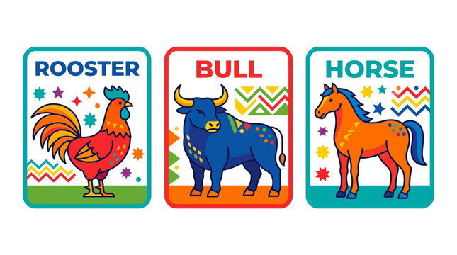 Educational flashcards set featuring a rooster a bull and a horse.