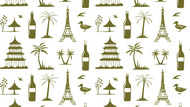 Seamless pattern with Eiffel Tower pagoda palm tree and wine bottle icons