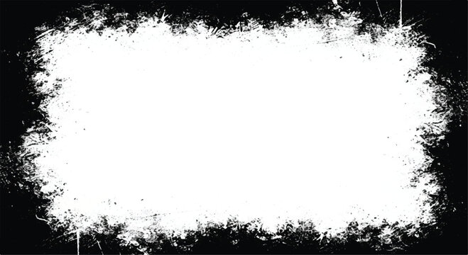 Grunge black frame border with distressed texture and blank white center background. 