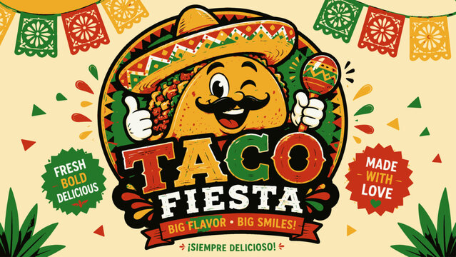 Vintage taco fiesta logo design with cute cartoon taco character wearing sombrero and holding maraca