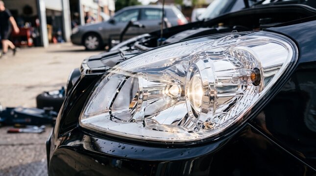Close-up of clean restored car headlight shining at an auto detailing shop